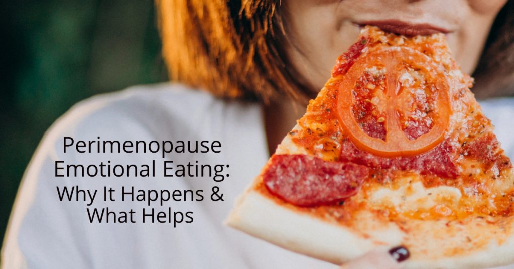 Woman eating pizza alone, a common perimenopause emotional eating trigger