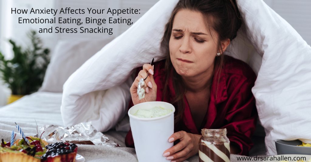Woman eating ice cream and comfort foods in bed, illustrating how anxiety affects emotional eating and stress snacking